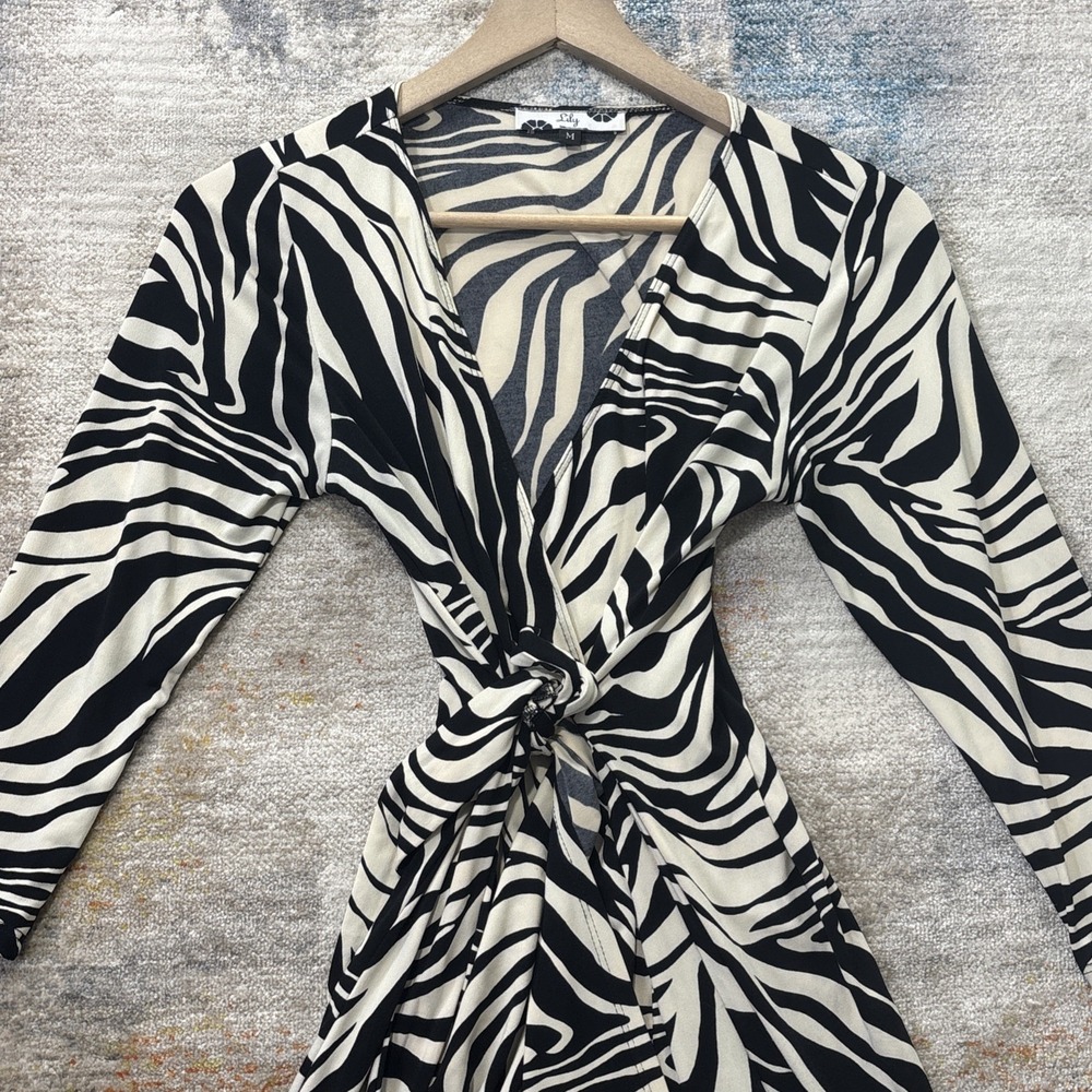 Vintage Lily Womens M Zebra Print Wrap Dress Black White Y2K Animal Print Midi